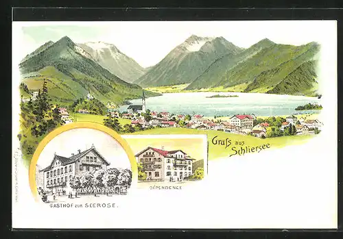 Lithographie Schliersee, Gasthof zur Seerose, Panorama
