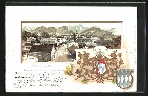 Passepartout-Lithographie Bad Aibling, Kirchzeilstrasse mit Wendelstein, Wappen