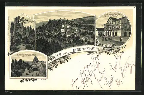 Lithographie Lindenfels i. O., Hotel Hessisches Haus, Ruine, Panorama