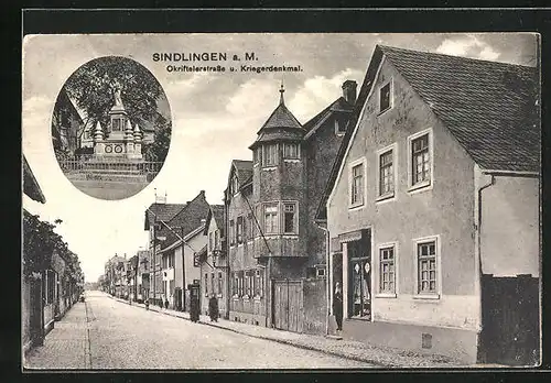 AK Sindlingen a. M., Okriftelerstrasse und Kriegerdenkmal