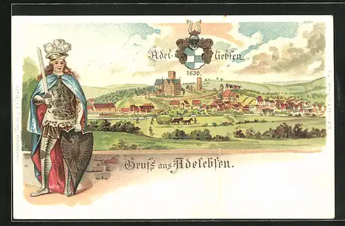 Lithographie Adelebsen, Ortsansicht anno 1650, Wappen