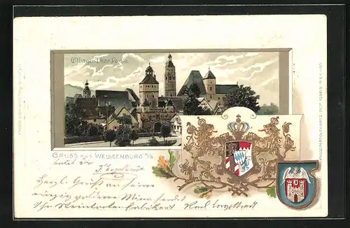 Passepartout-Lithographie Weissenburg /A. S., Ellinger-Thor-Partie, Wappen