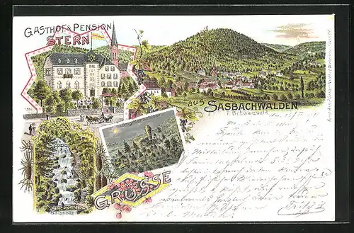 Lithographie Sasbachwalden, Gasthof und Hotel Stern, Brigittenschloss, Gaishölle