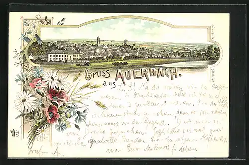Lithographie Auerbach, Panoramablick auf die Ortschaft