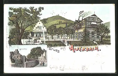 Lithographie Auerbach, Hotel Krone, Schloss