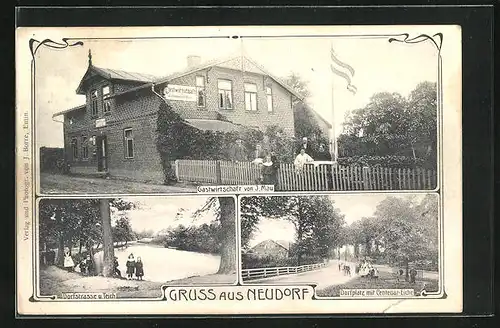 AK Neudorf / Eutin, Gasthaus v. J. Mau, Dorfstrasse und Teich