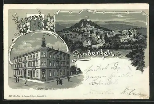Mondschein-Lithographie Lindenfels i. O., Hotel Odenwald, Totalansicht