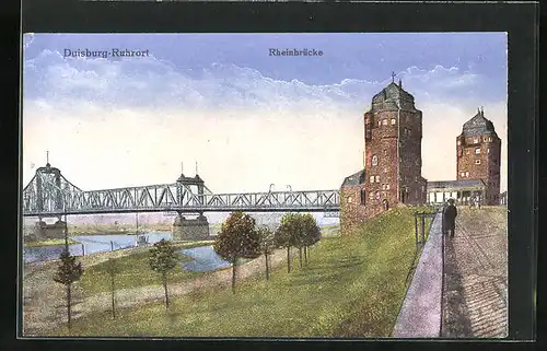 AK Duisburg-Ruhrort, Passant schaut auf die Rheinbrücke