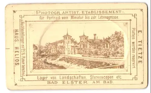 Fotografie E. Tietze, Bad Elster, Ansicht Bad Elster, Geschäftshaus mit Foto-Atelier, Rückseitig Damen-Portrait