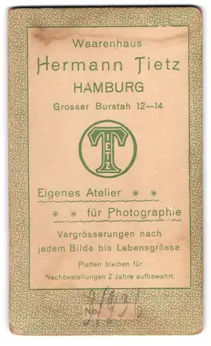 Fotografie Hermann Tietz, Hamburg, Gr. Burstah 12-14, Firmenlogo Tietz, Rückseitig Portrait Herr mit Halbglatze