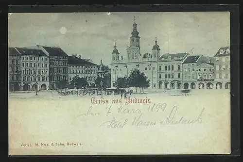 Mondschein-AK Budweis / Ceske Budejovice, Marktplatz mit Rathaus