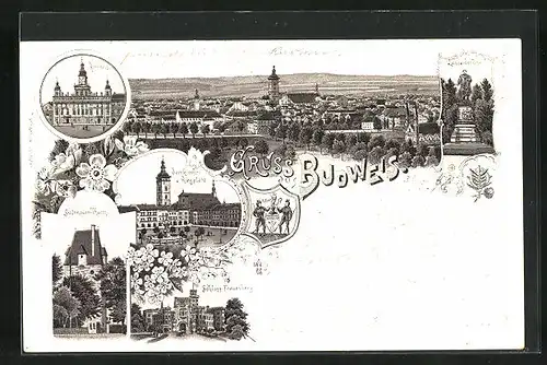 Lithographie Budweis / Ceske Budejovice, Rathhaus, Lanna-Denkmal, Domkirche und Ringplatz, Schloss Frauenberg