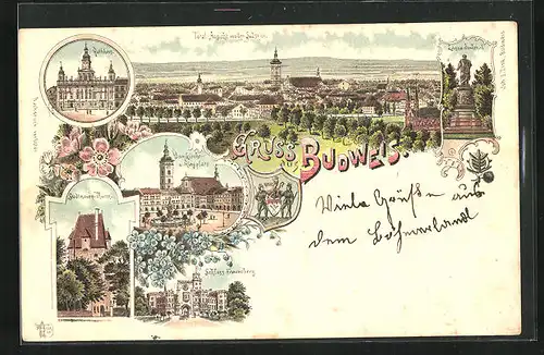 Lithographie Budweis / Ceske Budejovice, Lanna-Denkmal, Stadtmauer-Thurm, Schloss Frauenberg