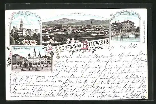 Lithographie Budweis / Ceske Budejovice, Schloss Frauenberg, Deutsches Haus, Ringplatz mit Rathaus