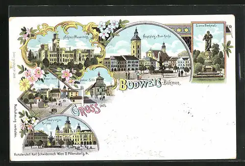 Lithographie Budweis / Ceske Budejovice, Schloss Frauenberg, Lanna-Denkmal, Ringplatz und Dom-Kirche