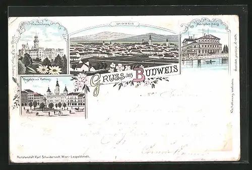 Lithographie Budweis / Ceske Budejovice, Schloss Frauenberg, Deutsches Haus, Ringplatz mit Rathaus