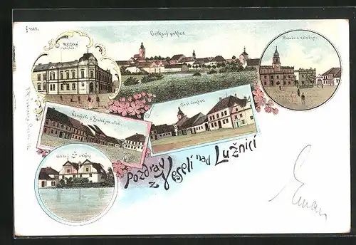 Lithographie Veseli nad Luznici, Mostska radnice, Celkovy pohled, Pivovar a zalozna
