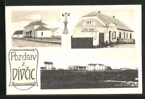 AK Divcic, Celkovy pohled, Josef Vanek obchod v Osadnickem