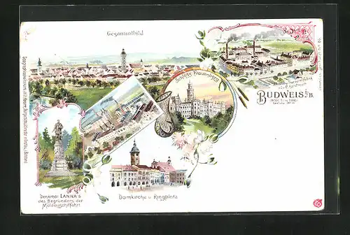 Lithographie Budweis / Ceske Budejovice, Domkirche und Ringplatz, Schloss Frauenberg, Denkmal Lanna`s