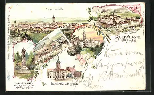 Lithographie Budweis / Ceske Budejovice, Bürgerliches Bräuhaus, Schloss Frauenberg