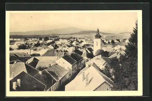 AK Volary, Teilansicht mit Kirche, Celkovy pohled