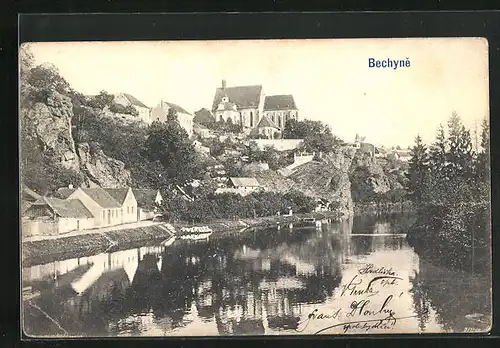 AK Bechyne, Kostel, Kirche über dem Fluss