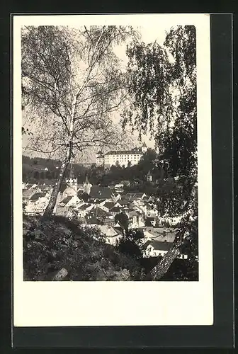 AK Vimperk, Blick vom Wald auf Stadt und Schloss