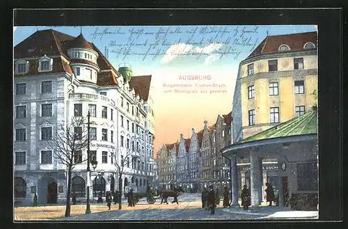 AK Augsburg, Bürgermeister Fischer-Strasse mit Geschäften vom Moritzplatz aus gesehen