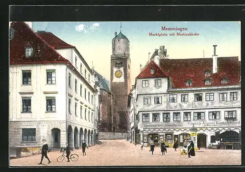 AK Memmingen, Marktplatz mit Geschäften und Martinskirche