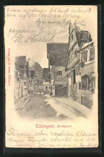 Künstler-AK Tübingen, Bachgasse mit Fachwerkhaus