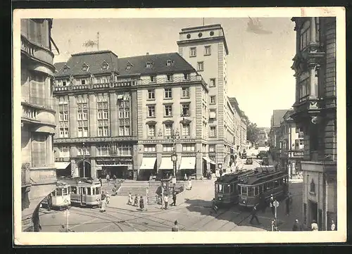 AK Pforzheim, Leopoldplatz mit Industriehaus, Strassenbahn