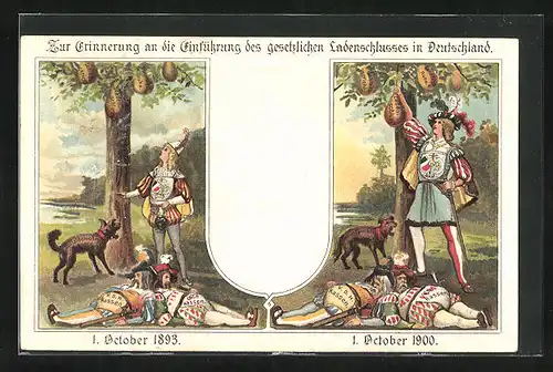 Lithographie Erinnerung an die Einführung des gesetzlichen Ladenschlusses in Deutschland 1.10.1900
