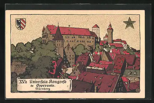 Steindruck-AK Nürnberg, XVa Universala Kongreso de Esperanto, Burg im Stadtbild