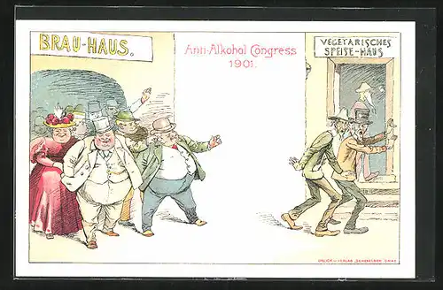 Künstler-AK Graz, Anti-Alkohol Congress 1901, Genussmenschen verspotten Abstinenzler