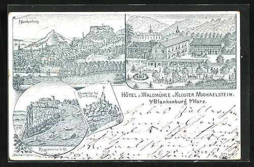 Lithographie Blankenburg /Harz, Hotel zur Waldmühle und Kloster Michaelstein