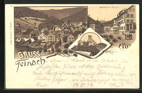 Lithographie Teinach, Badhotel mit Hirsch, Zavelstein