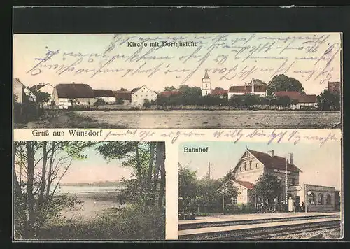 AK Wünsdorf, Bahnhof von der Gleisseite, Kirche mit Dorfansicht