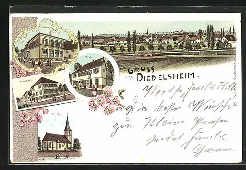 Lithographie Diedelsheim, Post, Pfarrhaus, Schule, Kirche