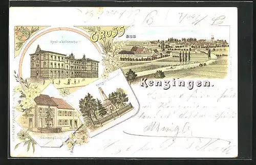 Lithographie Kenzingen, Uesenberg-Denkmal, Real- und Volksschule, Kriegerdenkmal