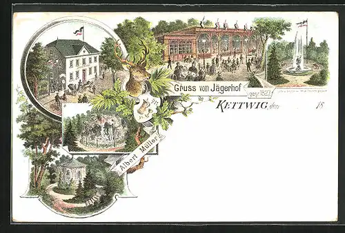 Lithographie Kettwig, Gasthaus Jägerhof von Albert Müller, Grotte