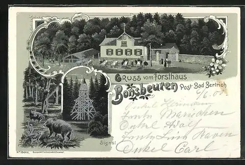 Mondschein-Lithographie Bonsbeuren, Gasthof Forsthaus, Signal, Schwarzwild