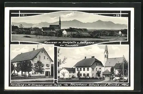 AK Kammer bei Traunstein, Totalansicht, Pfarrhaus, Schule und Kirche