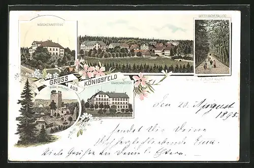 Vorläufer-Lithographie Königsfeld, 1895, Mädcheninstitut, Gottesackerallee, Knabeninstitut, Ruine Waldau