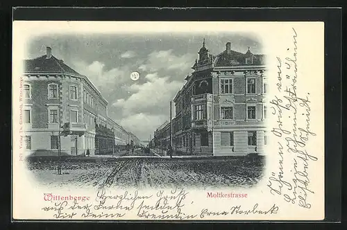 Mondschein-AK Wittenberge, Moltkestrasse im Mondlicht