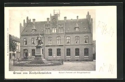 AK Neuhaldensleben, Kaiserliches Postamt mit Kriegerdenkmal
