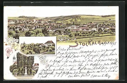 Lithographie Stockach, Kriegerdenkmal, Totalansicht, Nellenburg