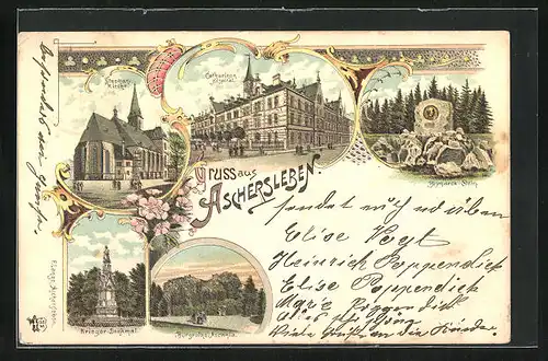 Lithographie Aschersleben, Stephanikirche, Catharinen-Hospital, Bismarck-Stein