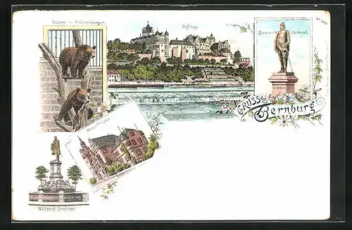 Lithographie Bernburg, Bismarck-Denkmal, Schloss, Bären im Schlosszwinger