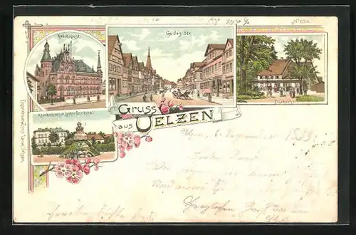 Lithographie Uelzen, Gasthaus Fischerhof, Gudes-Strasse, Reichspost, Krankenhaus mit Luther-Denkmal