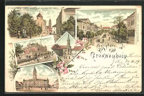 Lithographie Grossenhain, Bahnhofstrasse, Post, Rathaus